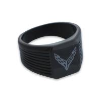 C8 Corvette Emblem Black Grooved Signet Ring Stainless Steel