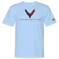 C8 Corvette USA Made Crossed Flags Light Blue T-Shirt Cotton