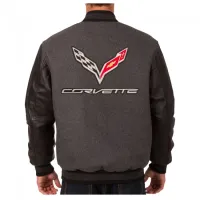 Corvette C7 Crossed Flags Logo Leather Jacket, Charcoal/Black - Reversible