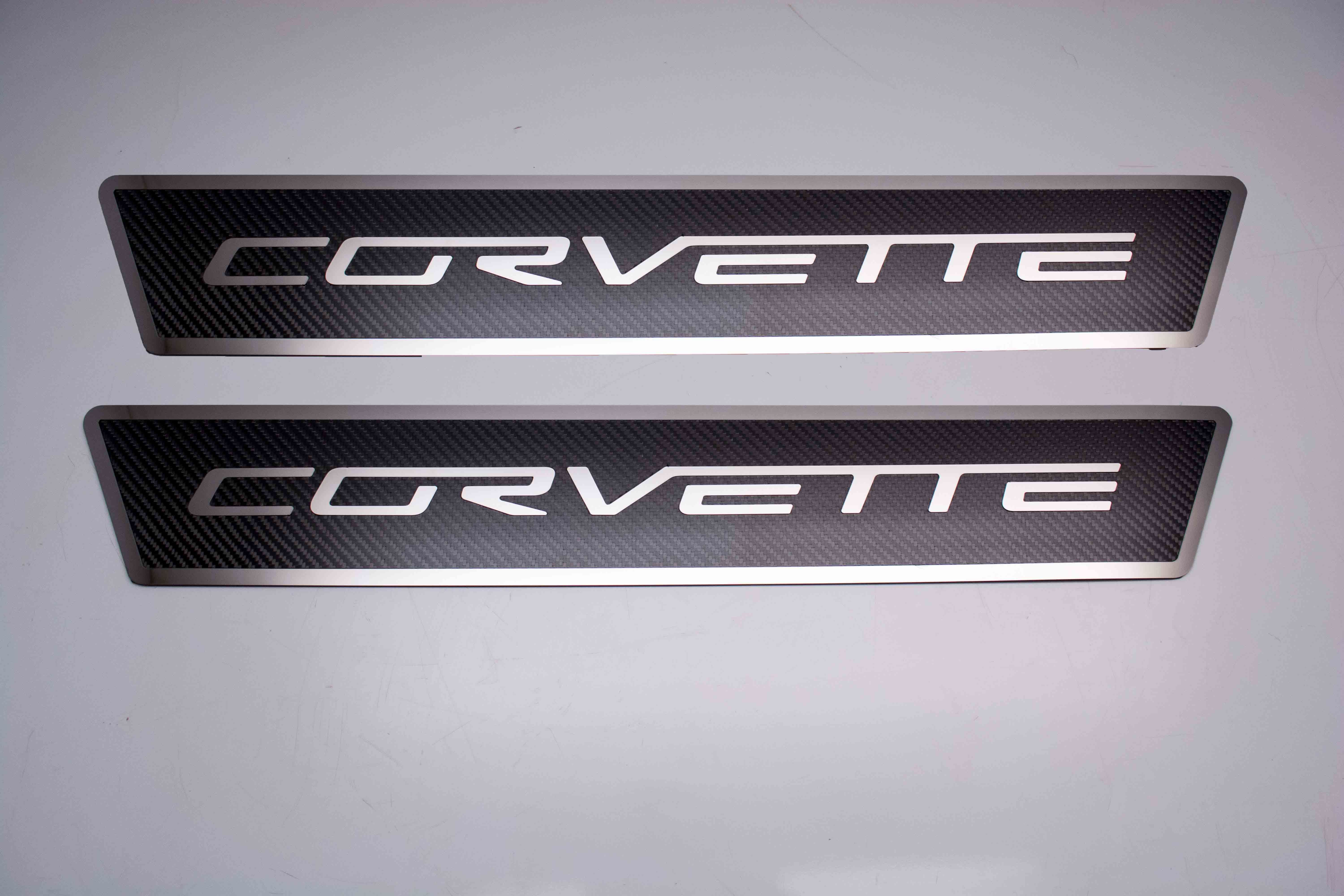 2005-2013 C6 Corvette, Outer Door sills Carbon Fiber w/ Polished Stainless Steel Inlay "Corvette", Stainless Steel