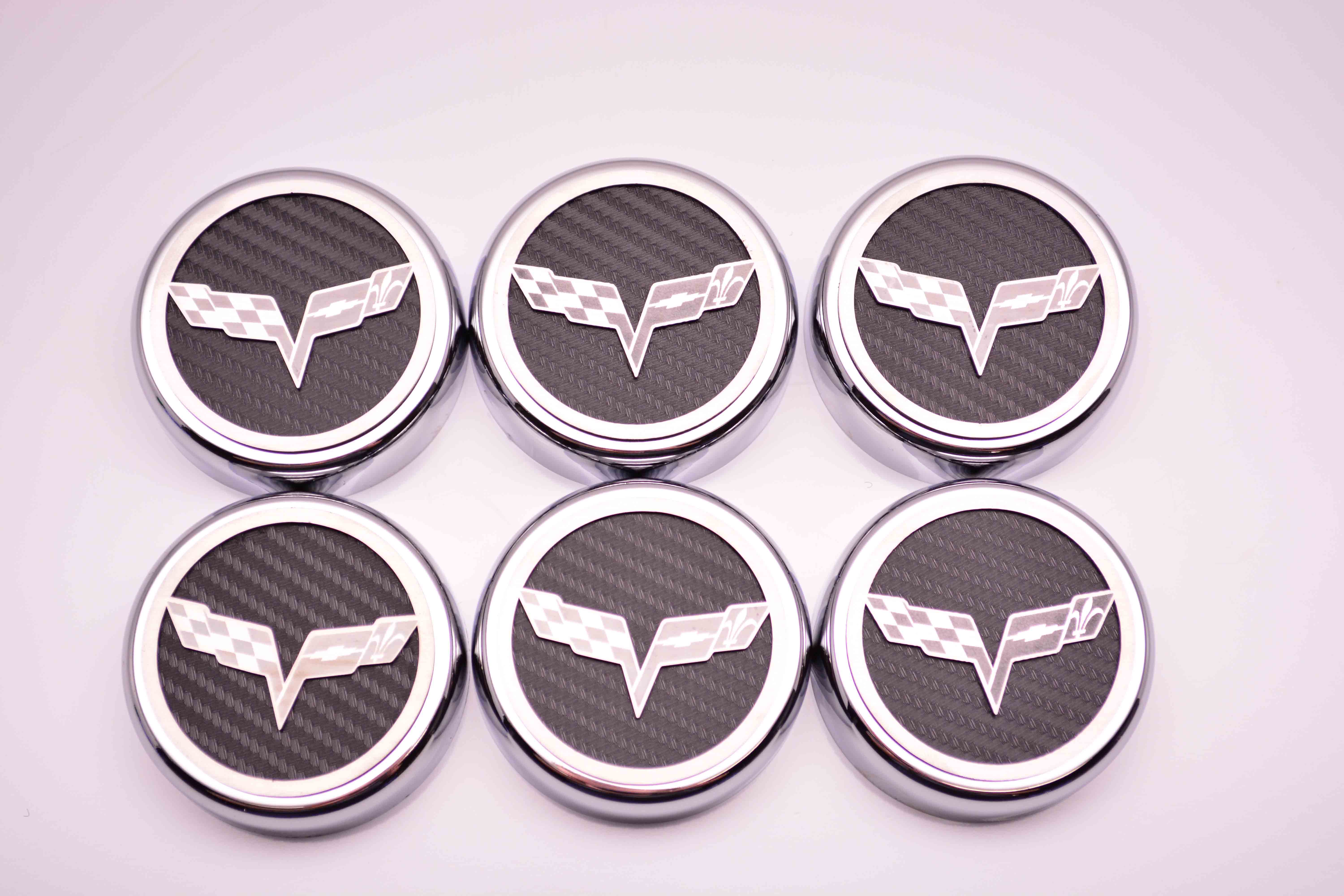 2005-2008 C6 Corvette, Cap Cover Set Crossed Flags 6pc Manual, White, Stainless Steel