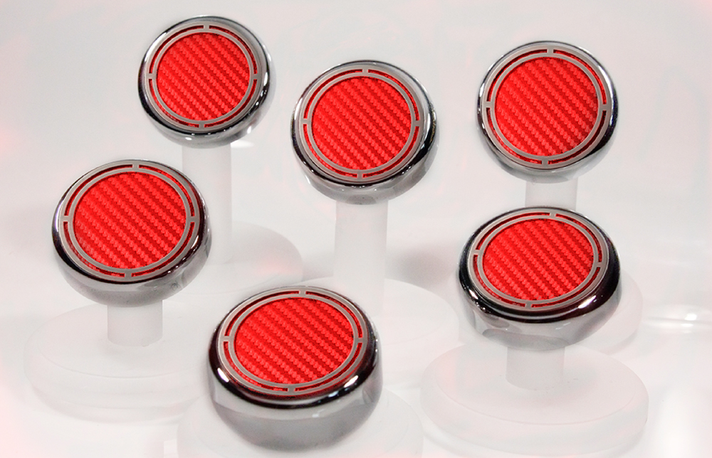 1997-2013 C5/C6 Corvette, Cap Cover Set Slotted Carbon Fiber 6pc Factory Standard, Red, Stainless Steel