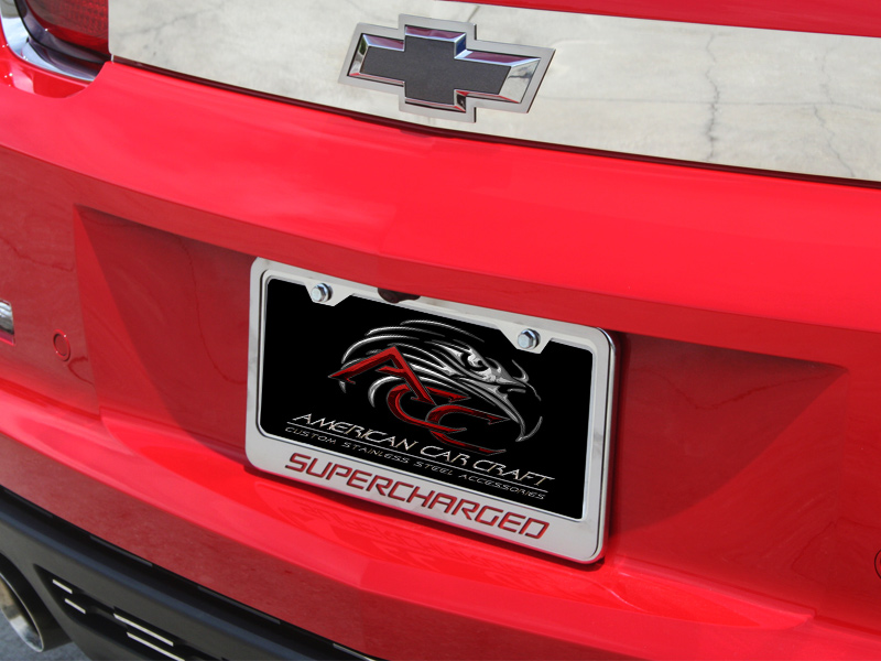 Camaro License Frame Chrome/Satin "Supercharged" Style Orange CF, ; 102070-ORG - Orange Carbon Fiber