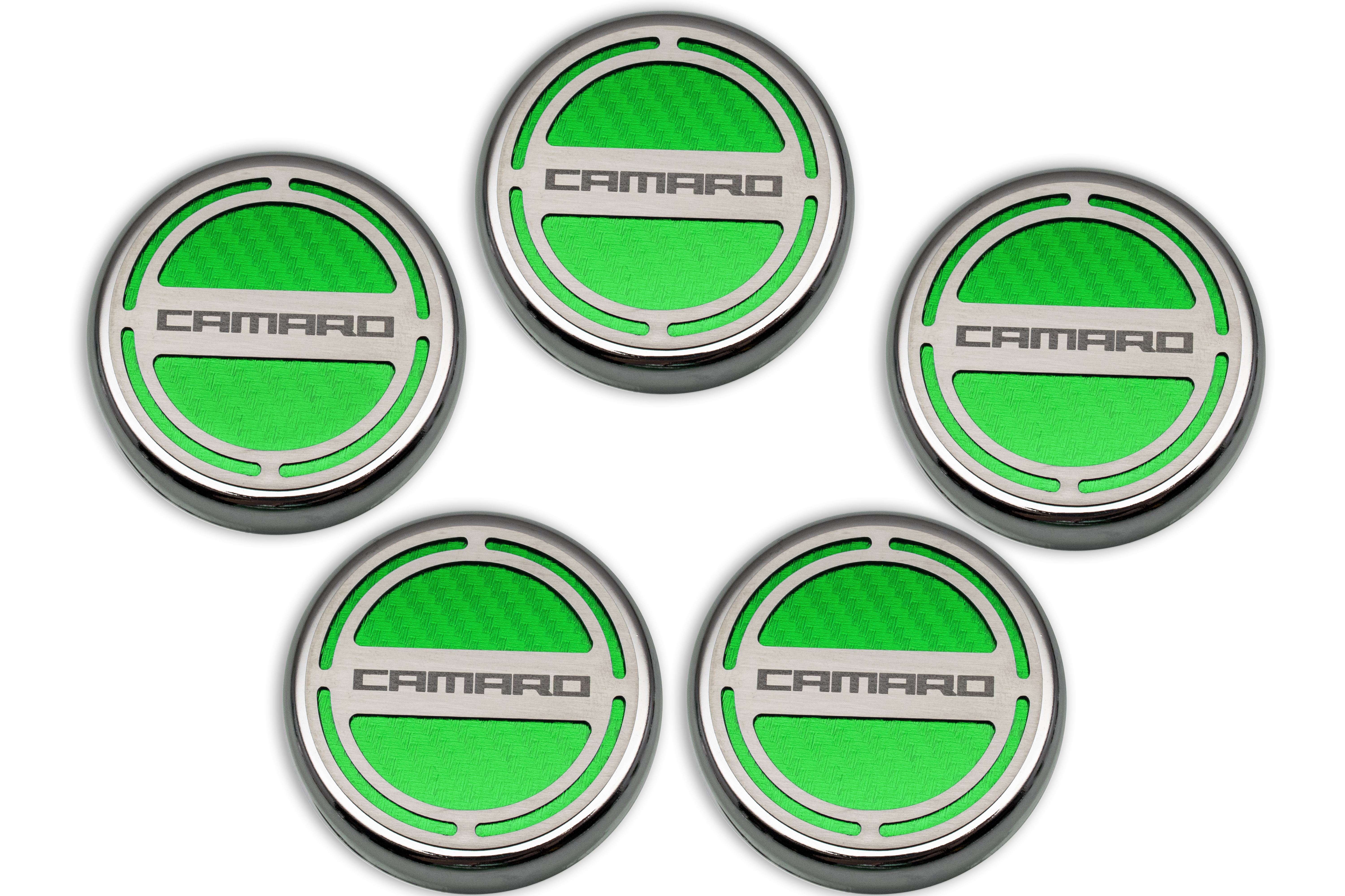 2010-2015 Camaro V6 Cap Cover Set Carbon Fiber "Camaro" Series Automatic 5pc CF Synergy Green, Synergy Green Solid vinyl color