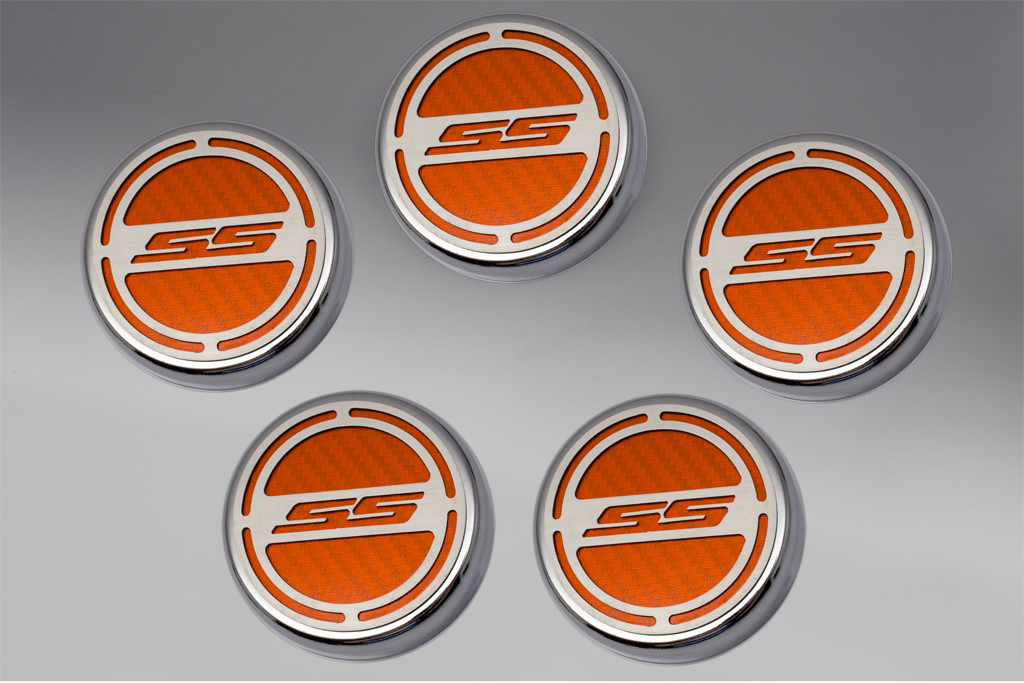 2010-2015 Camaro V8 Cap Cover Set Carbon Fiber "SS" Series Automatic 5pc CF Orange, Orange Carbon Fiber vinyl color