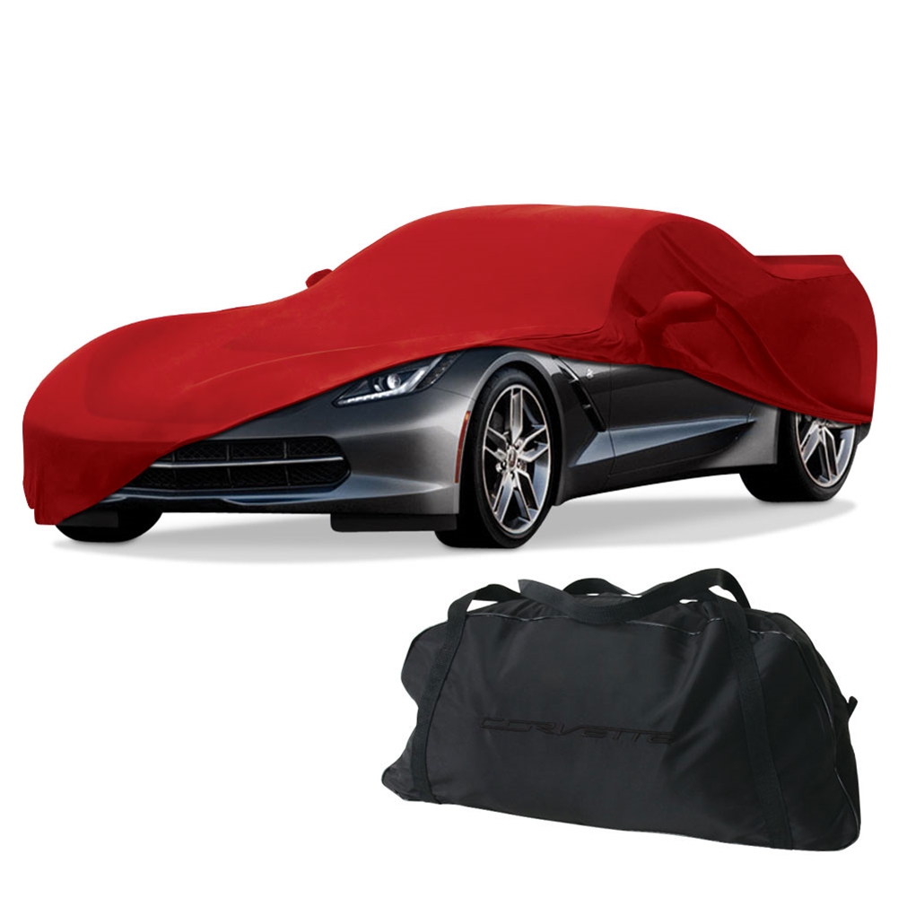 2014+ C7 Corvette Car Cover w/C7 Flags Logo, Stretch Satin Indoor Cover