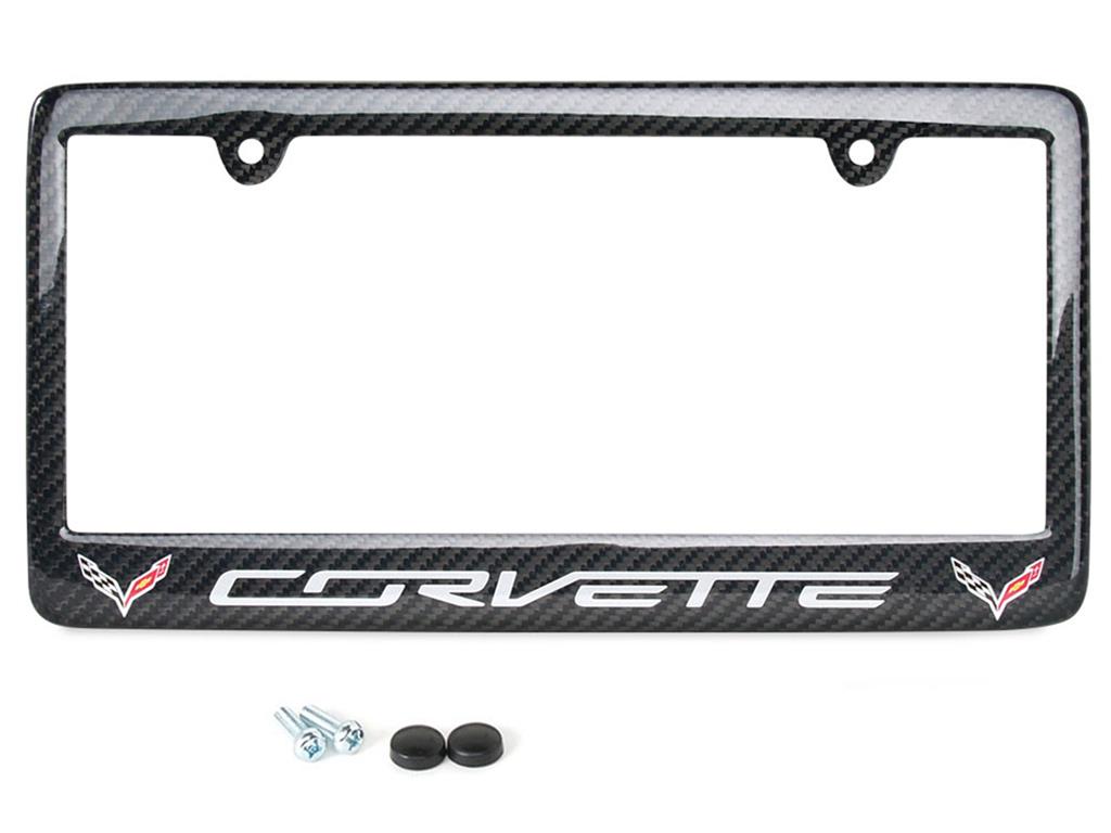 C7 Corvette 14-19 Carbon Fiber Rear License Plate Frame With Corvette Script And Flag