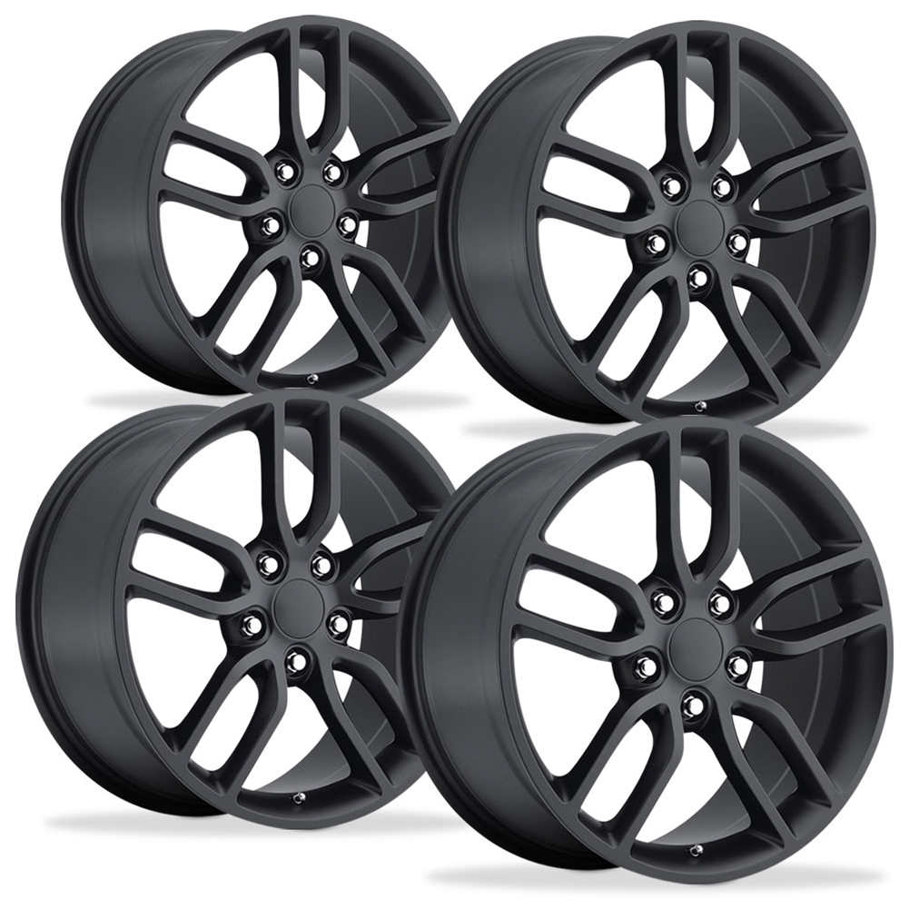 C7 Corvette, Satin Black Reproduction Z51 Split Spoke Wheels, Front 17"x8.5"/18"x9.5" C5 Corvette Offset