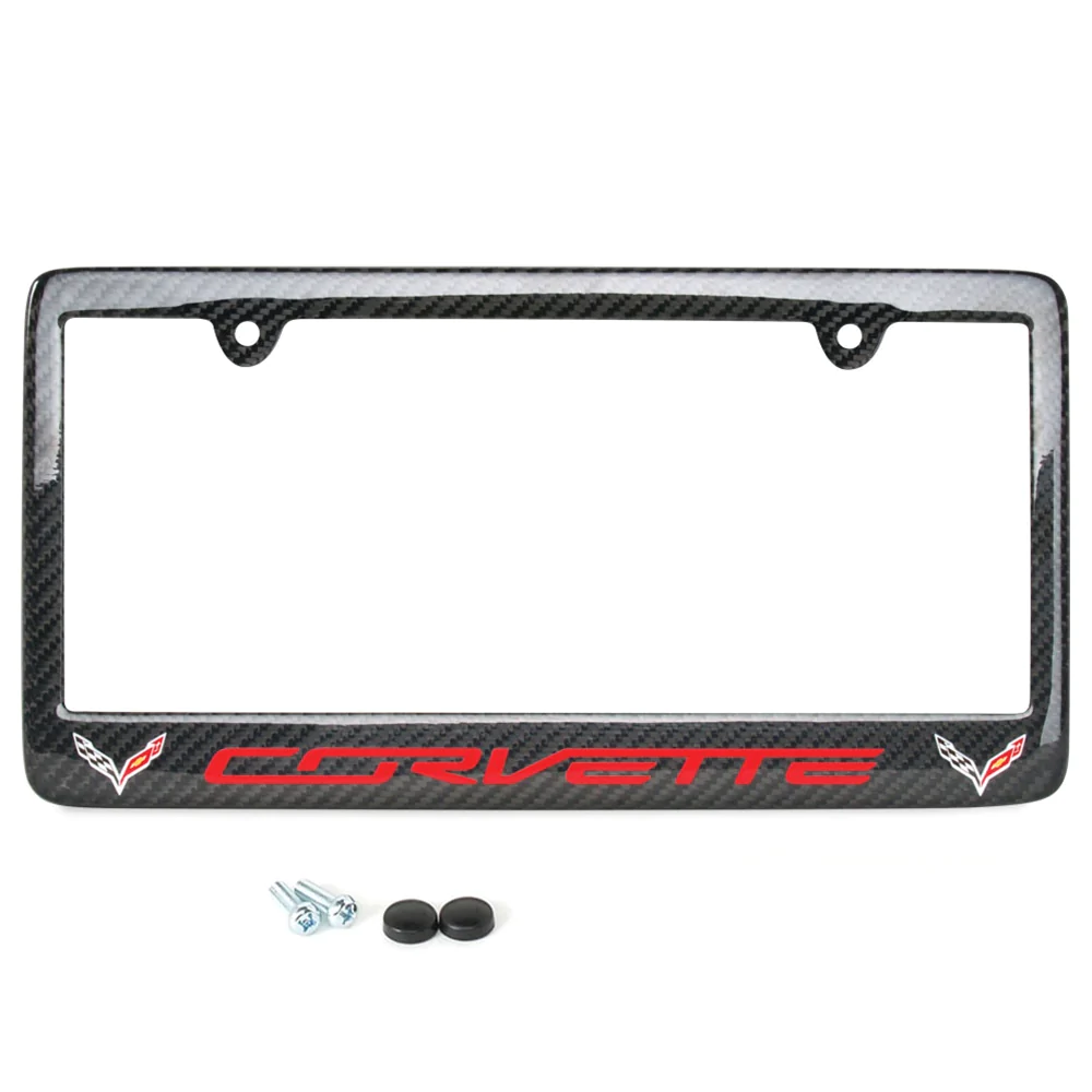 C7 Red Corvette script with w/Double Logo License Plate Frame, Carbon Fiber, C7