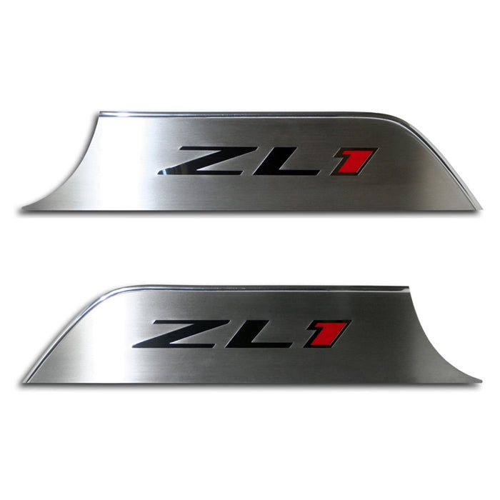 2012-2014 Camaro ZL1 Logo Door Panel Kick Plates - Brushed with Carbon Fiber