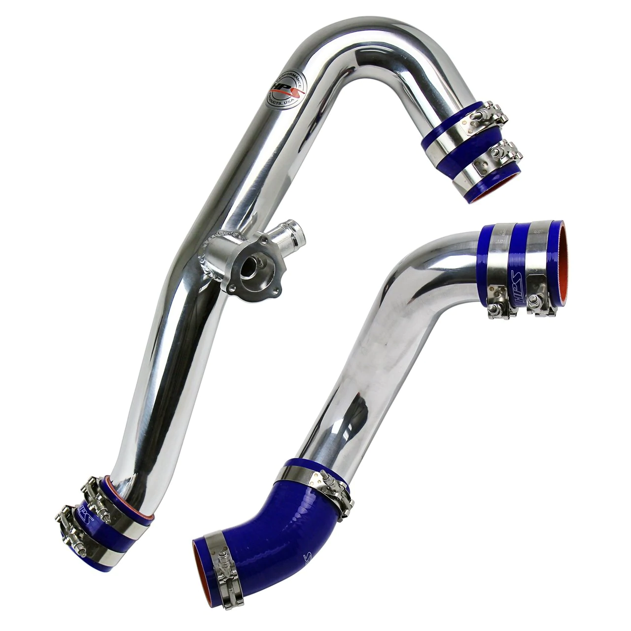 HPS Intercooler Hot Charge Pipe and Cold Side with Blue Hoses 15-17 Ford Mustang Ecoboost 2.3L Turbo, Polish