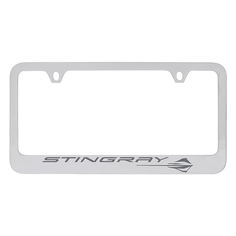 C8 Corvette 2020+ Stingray License Plate Frame, Satin Chrome, Dark Charcoal Gray Logo