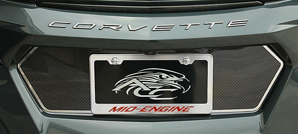 C8 Corvette, License Plate Frame Stainless Steel Overlay & Carbon Fiber W/ "Mid Engine"