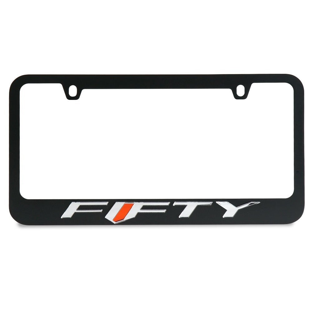 Black License Plate Frame- Camaro Fifty W-O Mirror "Fifty" Word w Orange Mirror