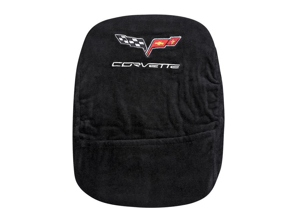 C6 Corvette Console Lid Cover with Embroidered C6 Flag Emblem and Pocket