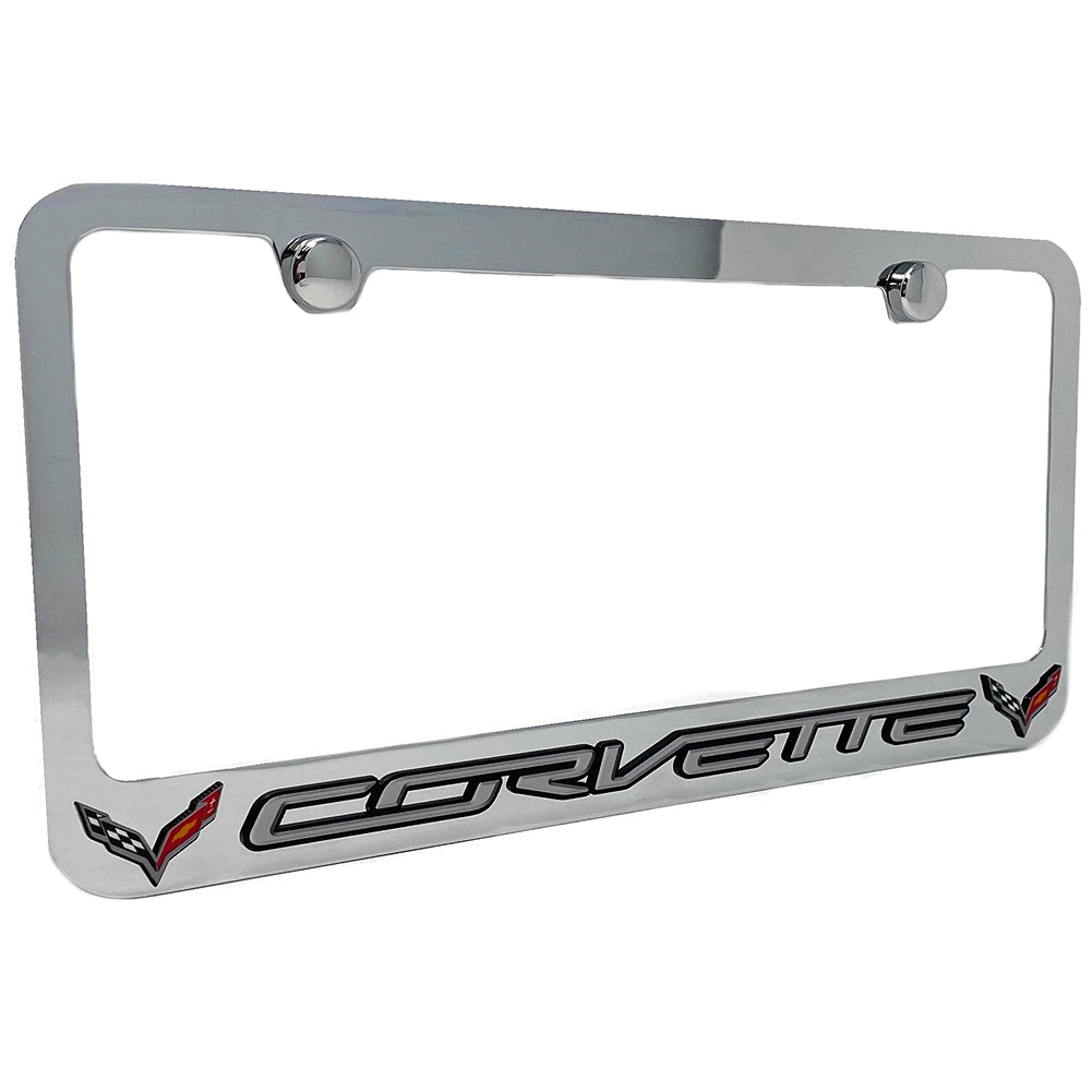 C7 Corvette License Plate Frame,  Chrome with Corvette Script & Crossed Flags Lo