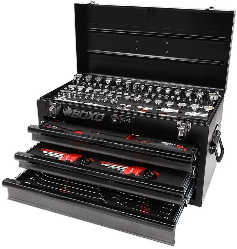 BOXO USA 185-Piece Metric and SAE Tool Set with 3-Drawer Hand Carry Box - Black