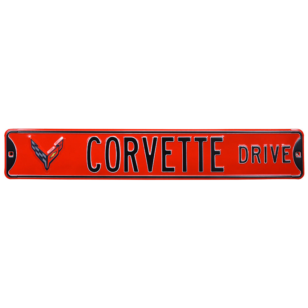 C8 Corvette Drive Crossed-Flag Emblem, Metal Sign, Red