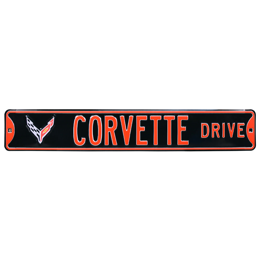 C8 Corvette Drive Crossed-Flag Emblem, Metal Sign, Black