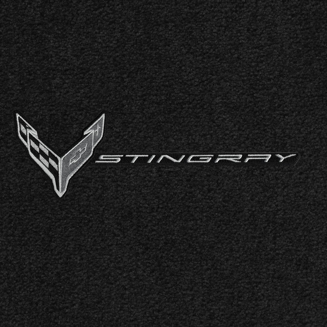 C8 Corvette, Lloyds Ultimat Custom Floor Mats, Front 2 Pc w/  C8 Flags Monochromatic and Stingray Word Combo (2020-ON) Applique
