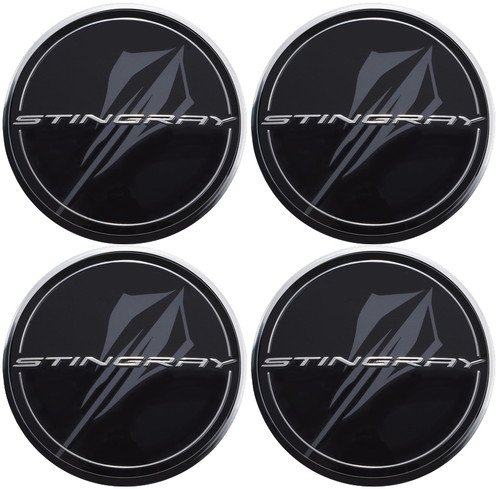 C8 Corvette 2020 + GM OEM Accessory, C8 Wheel Center Caps, Stingray Logo in Black set of 4