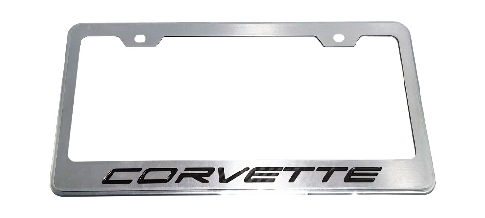 2020-23 C8 Corvette, CORVETTE Style License Plate Frame, Brushed Stainless, BLK-