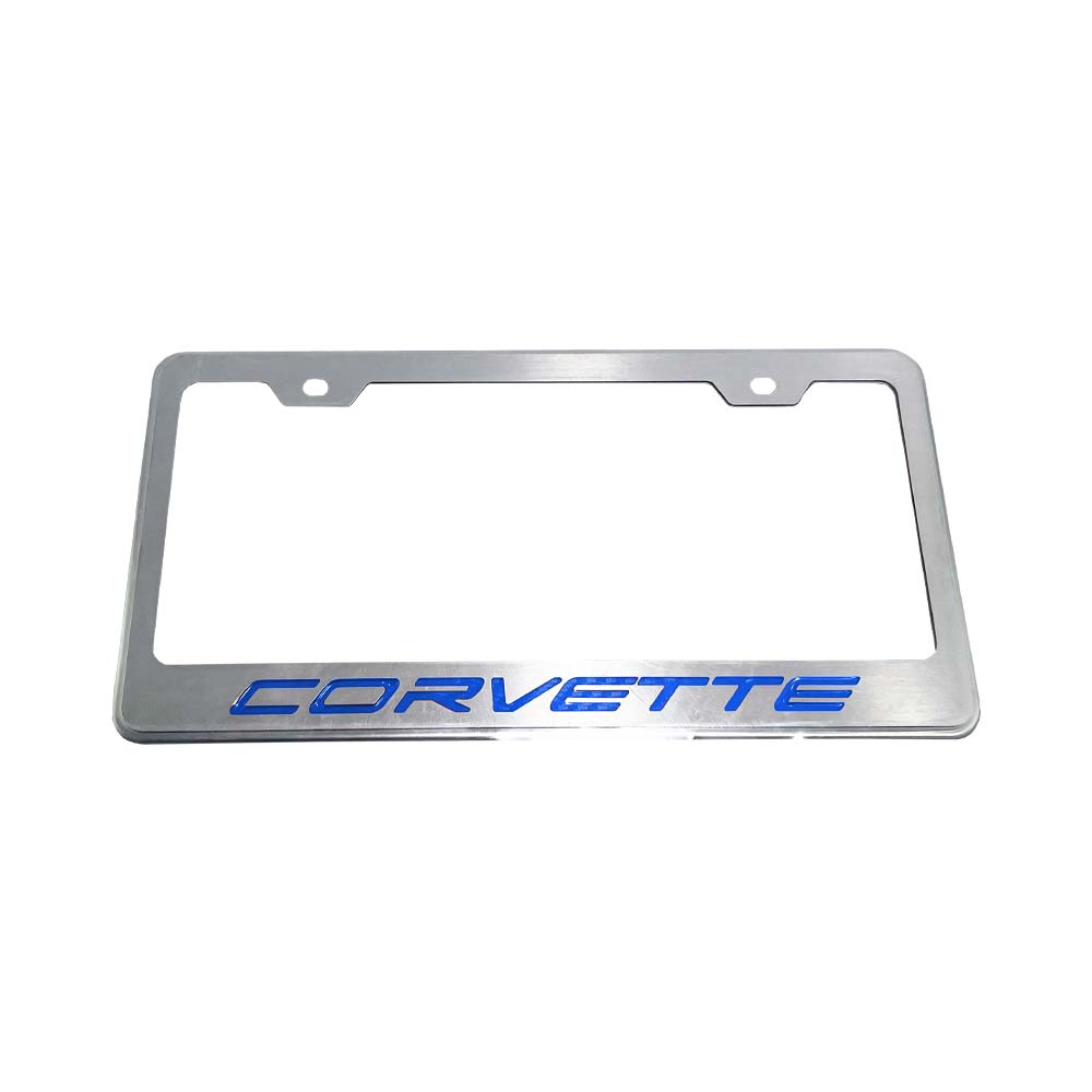 C8 Corvette, License Plate Frame Brushed Stainless Steel & BLUE Carbon Fiber W/ Corvette