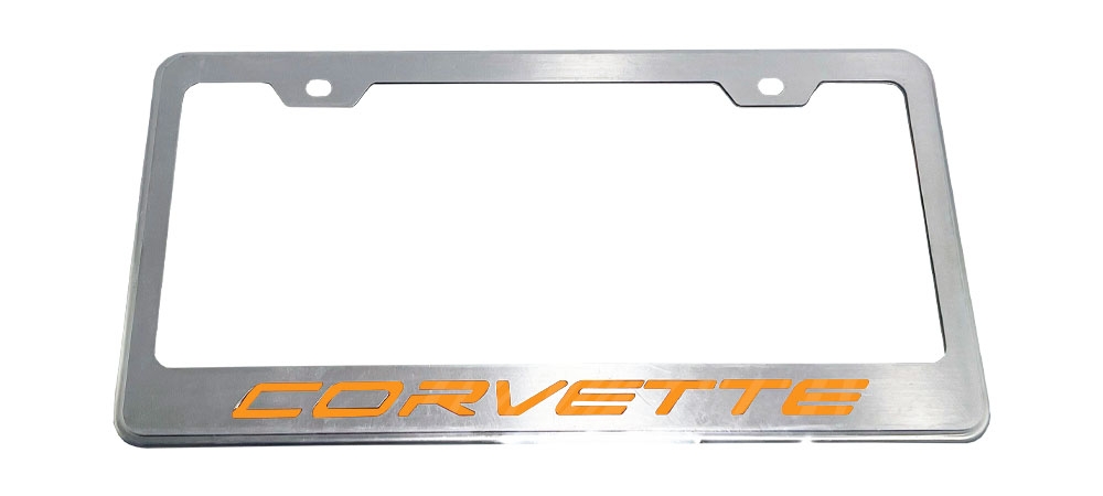 2020-23 C8 Corvette, CORVETTE Style License Plate Frame, Brushed Stainless, YLW-