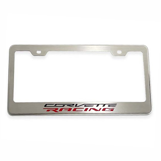 C8 Corvette, License Plate Frame Brushed Stainless Steel W/ Corvette Racing Scri