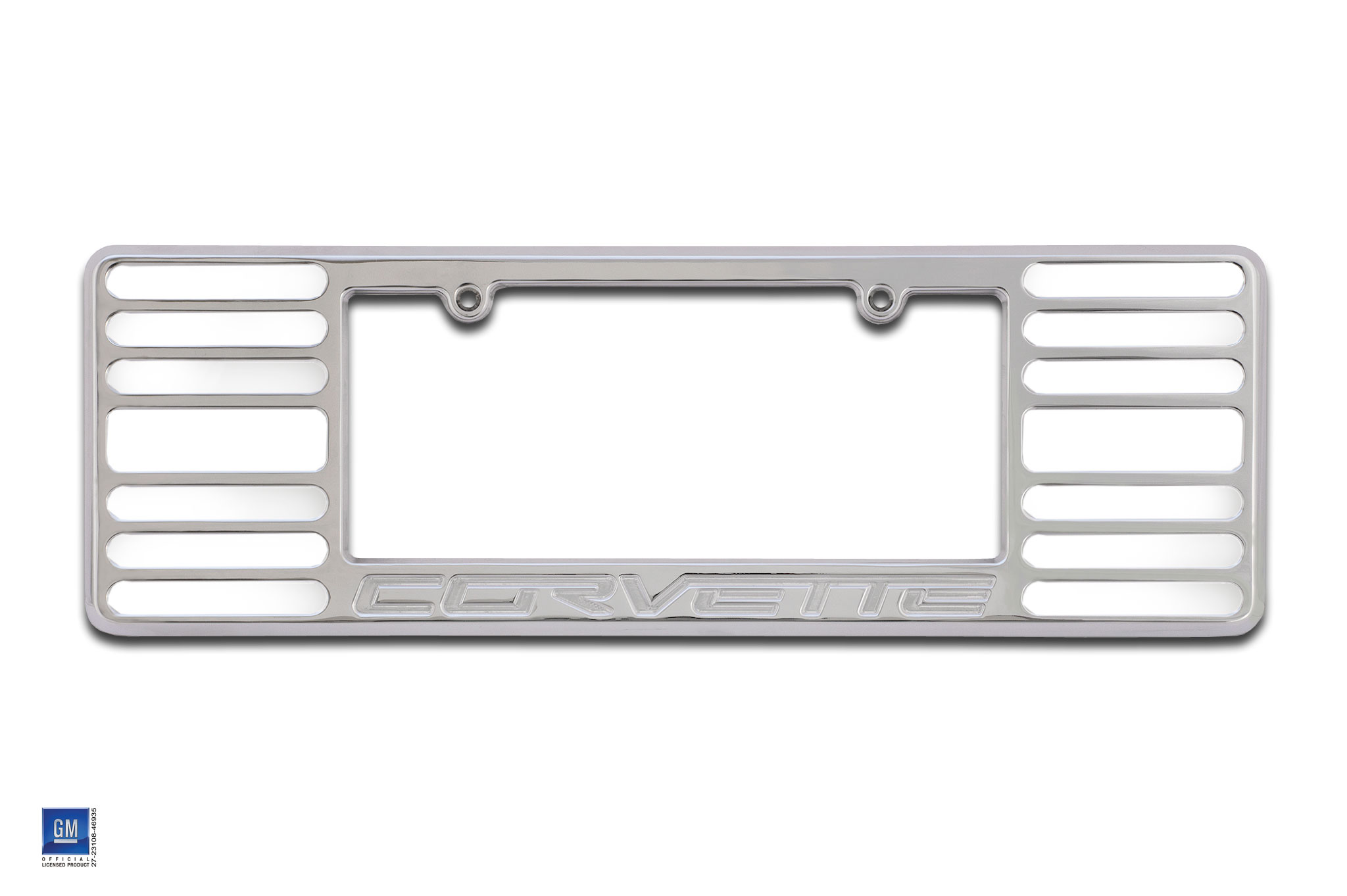 Corvette Chrome Wide License Plate Frame w/ "Corvette" Logo Engraved on Surface