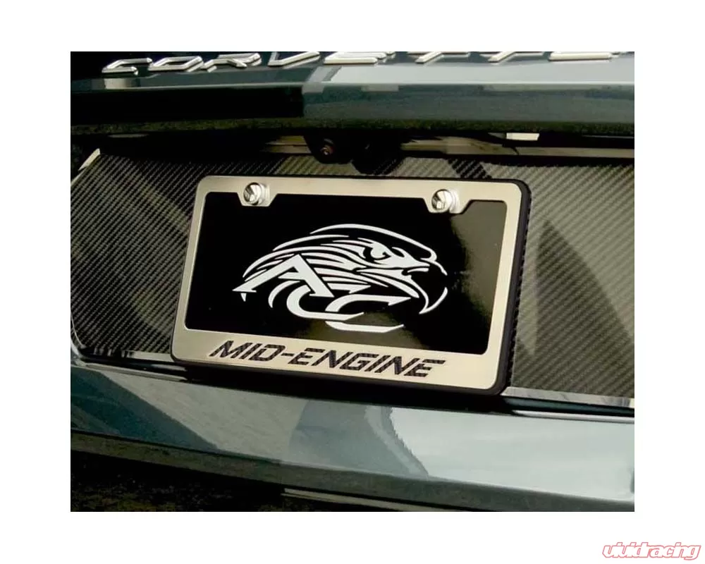 American Car Craft Blue Carbon Fiber Mid-Engine Black Base License Plate Frame Chevrolet C8 Corvette Stingray 2020-2024