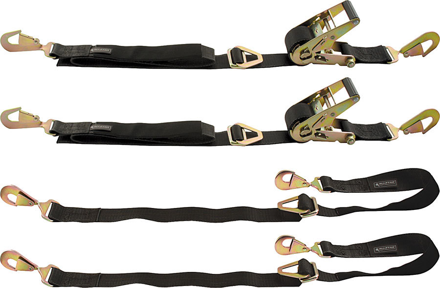 ALLSTAR, Ratchet Tie Down, 2 in Wide, 2 Tie Downs/Axle Straps, Twisted Snap Hook
