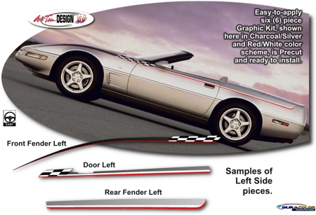 C4 Corvette Body Side Race Stripe Graphic Kit, Style 1, Silver/Black & White/Silver