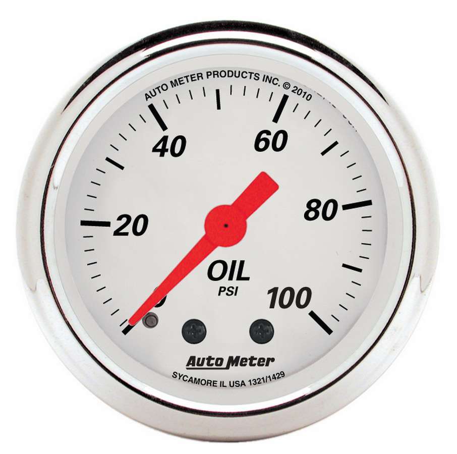 Auto Meter Oil Pressure Gauge, Artic White, 0-100 psi, Mechanical, Analog, Full Sweep, 2-1/16" Diameter, White Face, Each