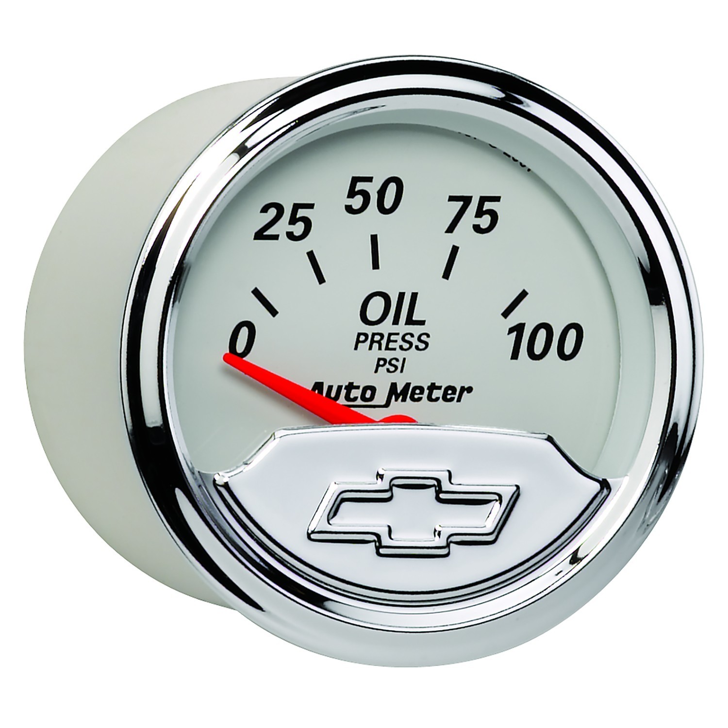 Auto Meter Oil Pressure Gauge, Artic White, 0-100 psi, Electric, Analog, Short Sweep, 2-1/16" Diameter, Chrome Chevy Bowtie Logo