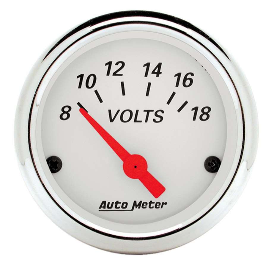 Auto Meter Voltmeter, Arctic White, 8-18V, Electric, Analog, Short Sweep, 2-1/16" Diameter, White Face, Each