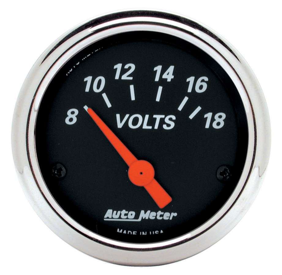 Auto Meter Voltmeter, Designer Black, 8-18V, Electric, Analog, Short Sweep, 2-1/16" Diameter, Black Face, Each