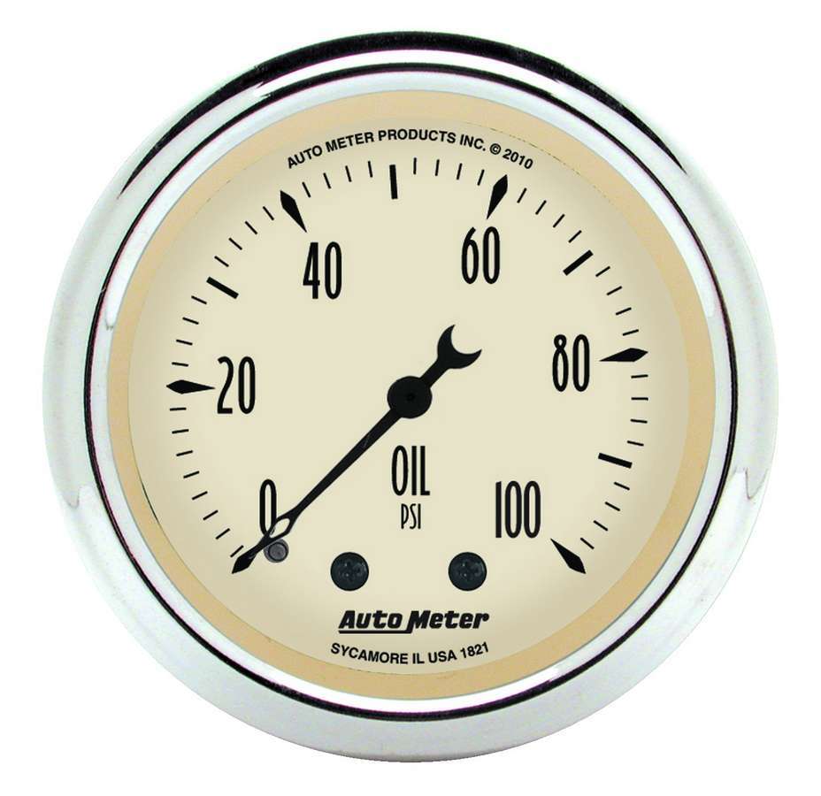 Auto Meter Oil Pressure Gauge, Antique Beige, 0-100 psi, Mechanical, Analog, Full Sweep, 2-1/16" Diameter, Beige Face, Each