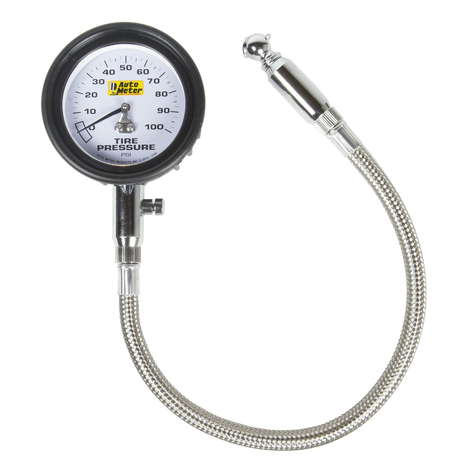 Auto Meter Tire Pressure Gauge, 0-100 PSI, Analog, 2-1/4" Diameter, White Face, 2.5 lb Increments, Gray Case, Each