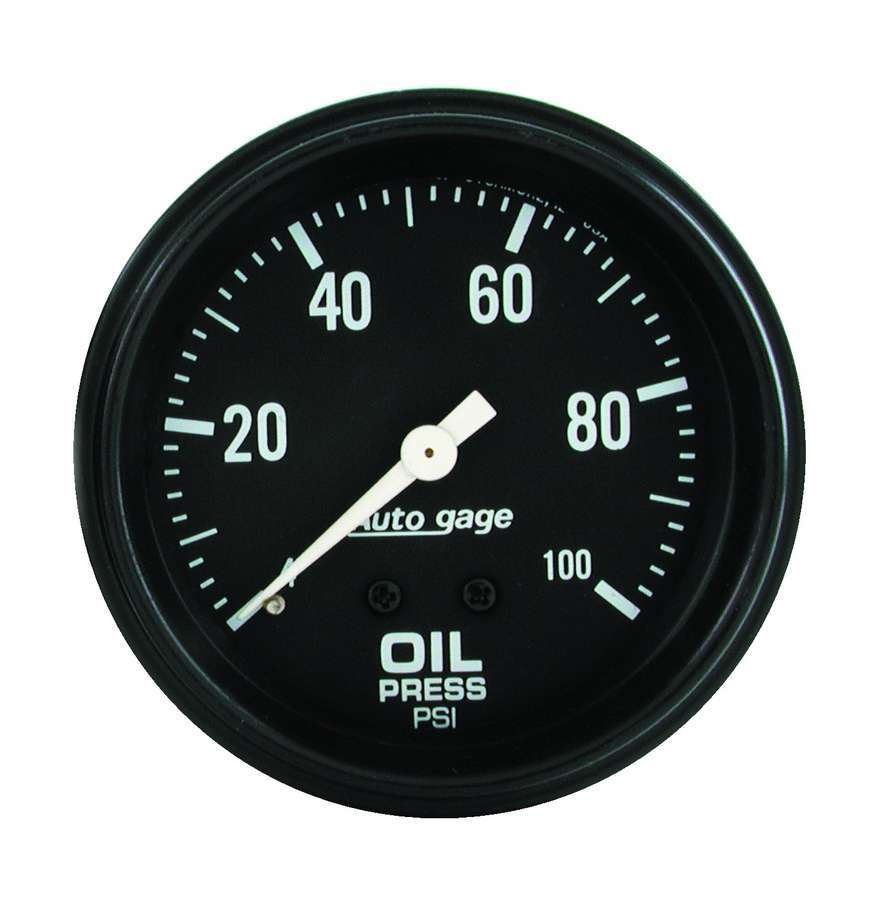 Auto Meter Oil Pressure Gauge, Auto Gage, 0-100 psi, Mechanical, Analog, 2-5/8" Diameter, Black Face, Each