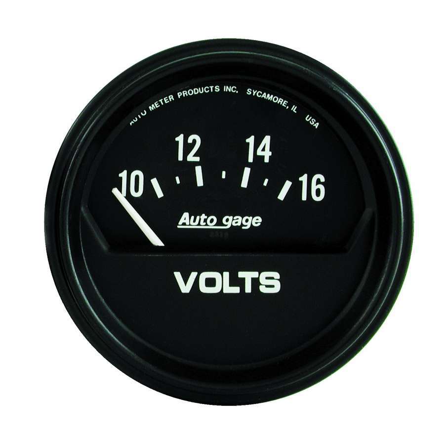 Auto Meter Voltmeter, Auto Gage, 10-16V, Electric, Analog, Short Sweep, 2-5/8" Diameter, Black Face, Each