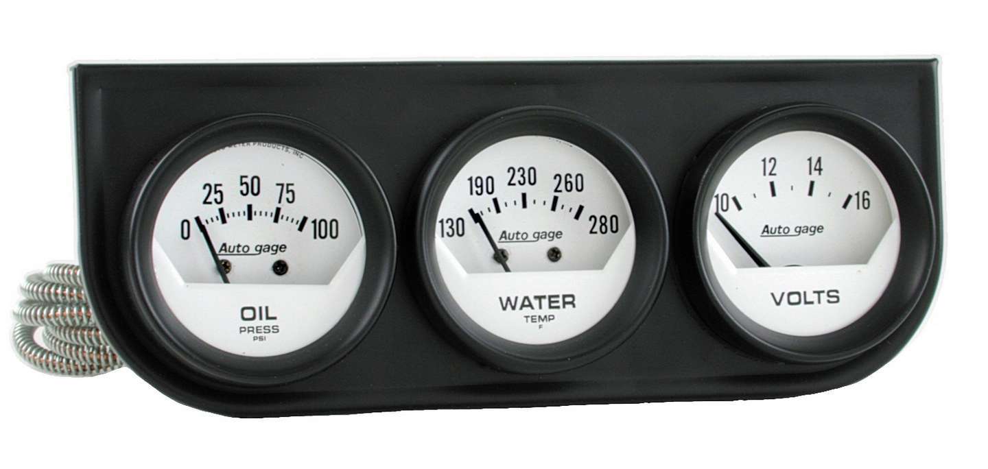 Auto Meter Gauge Panel Assembly, Auto Gage, Analog, Oil Pressure/Voltmeter/Water Temperature, White Face, Kit