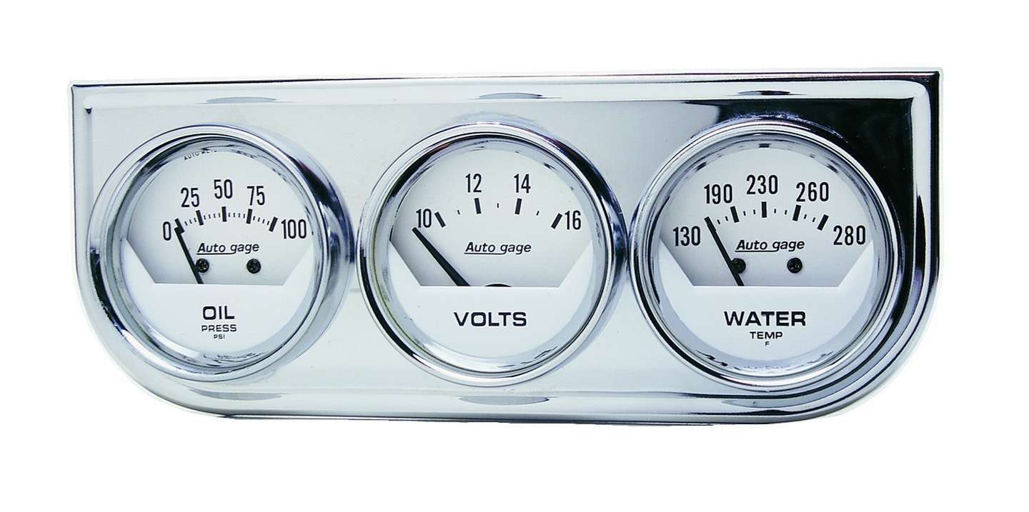 Auto Meter Gauge Panel Assembly, Auto Gage, Analog, Oil Pressure/Voltmeter/Water Temperature, White Face, Kit
