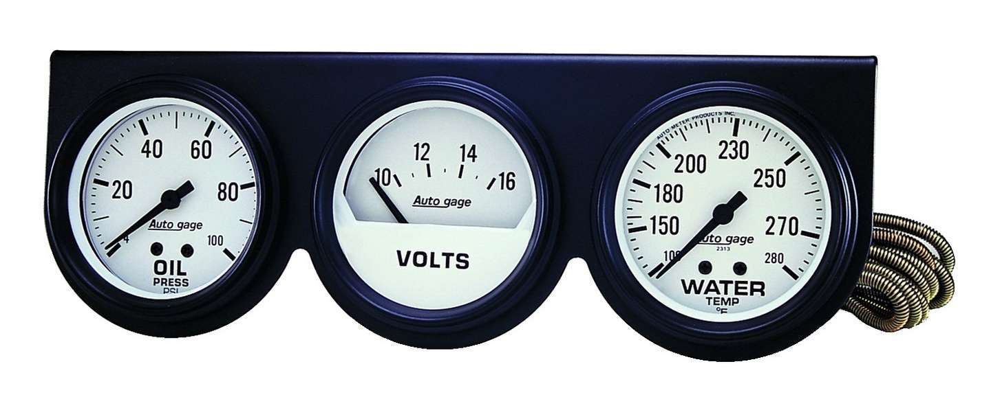 Auto Meter Gauge Panel Assembly, Auto Gage, Analog, Oil Pressure/Voltmeter/Water Temperature, White Face, Kit