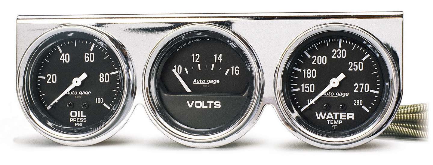 Auto Meter Gauge Panel Assembly, Auto Gage, Analog, Oil Pressure/Voltmeter/Water Temperature, Black Face, Kit