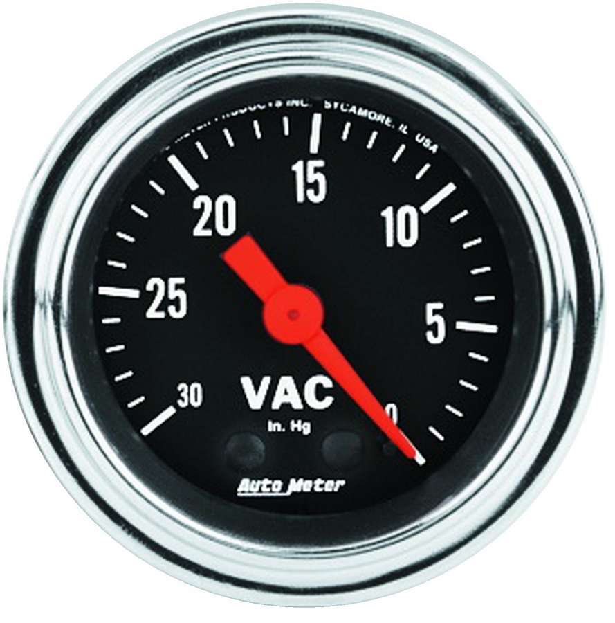 Auto Meter Vacuum Gauge, Traditional Chrome, 0-30" HG, Mechanical, Analog, 2-1/16" Diameter, Black Face, Each