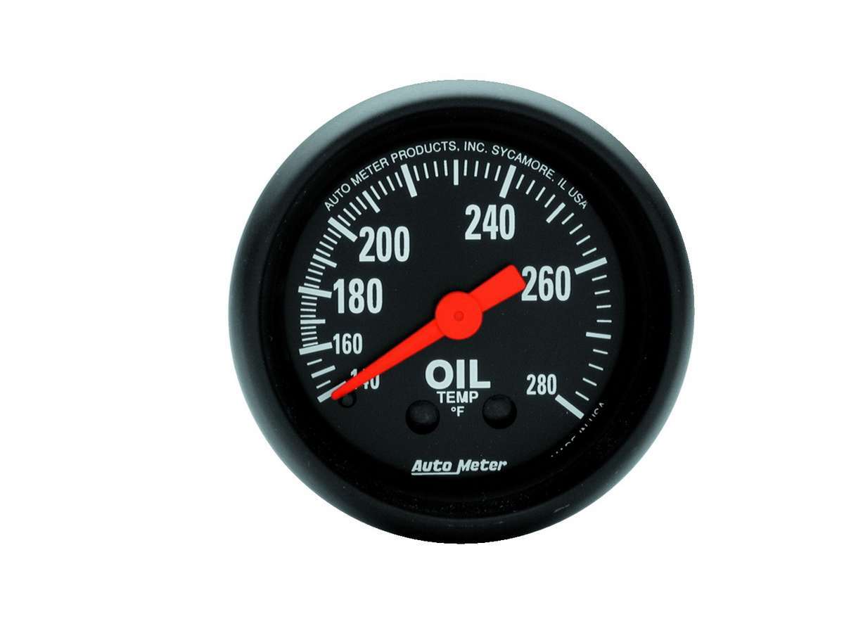 Auto Meter Oil Temperature Gauge, Z-series, 140-280 Degree F, Mechanical, Analog, 2-1/16" Diameter, Black Face, Each