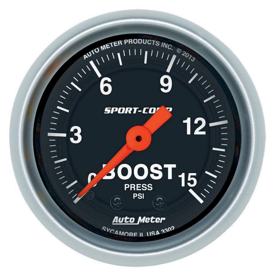 Auto Meter Boost/Vacuum Gauge, Sport-Comp, 30" HG-15 psi, Mechanical, Analog, 2-1/16" Diameter, Black Face, Each