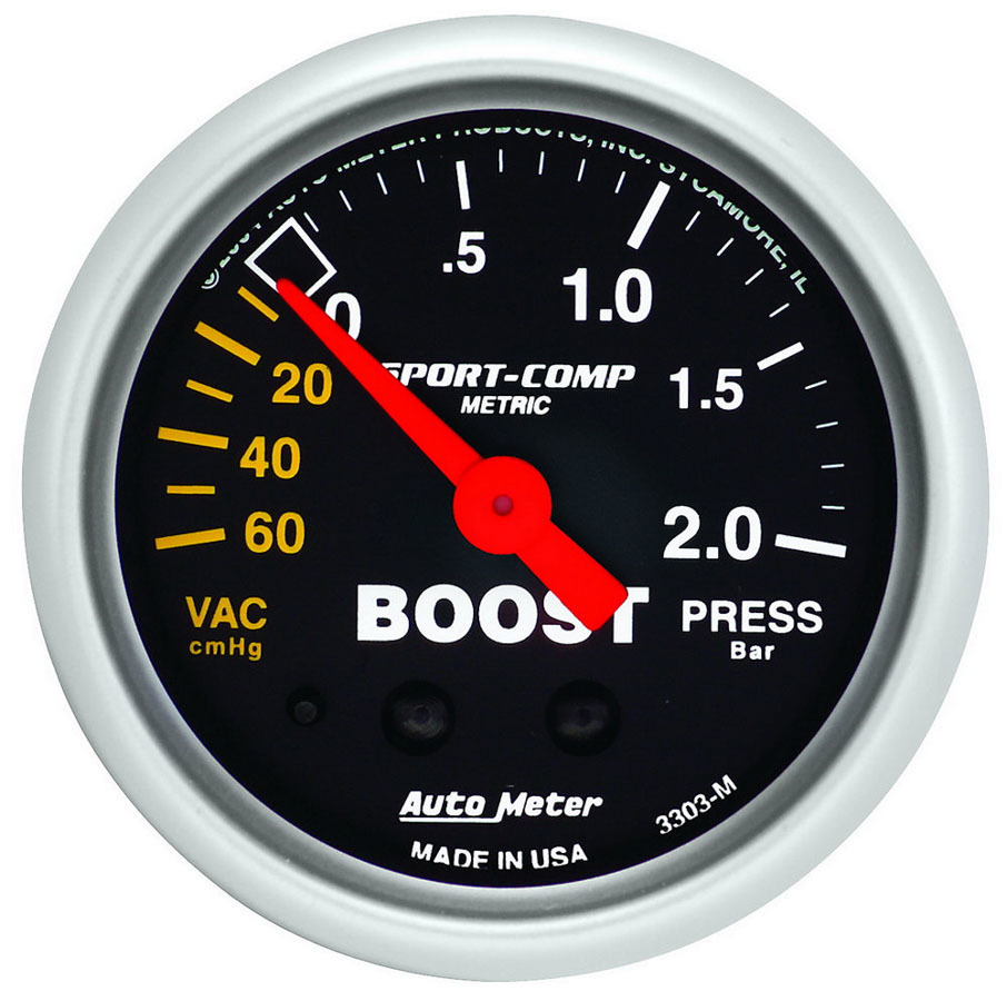 Auto Meter Boost/Vacuum Gauge, Sport-Comp, 60cm HG-2.0 Bar, Mechanical, Analog, 2-1/16" Diameter, Black Face, Each