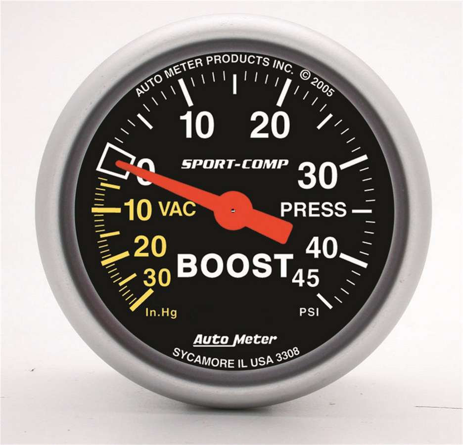 Auto Meter Boost/Vacuum Gauge, Sport-Comp, 30" HG-45 psi, Mechanical, Analog, 2-1/16" Diameter, Black Face, Each